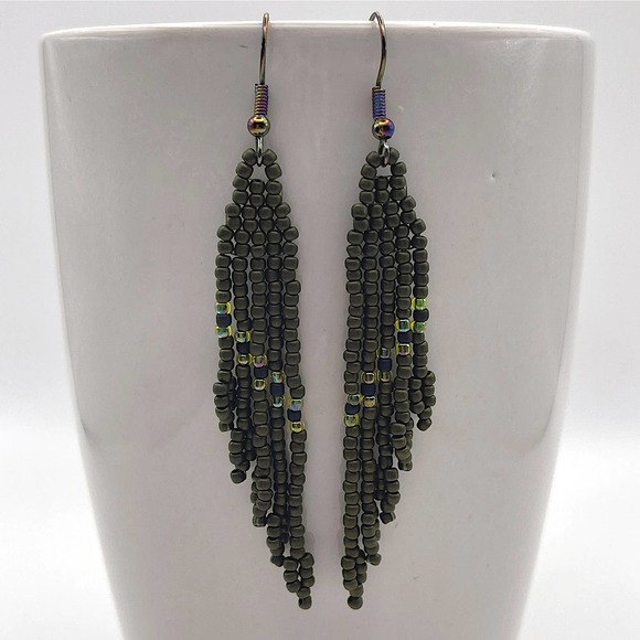 Seed Bead Fringe Dangle Earrings Dark Olive Matte Rainbow Jonquil Black Glass - Picture 4 of 4
